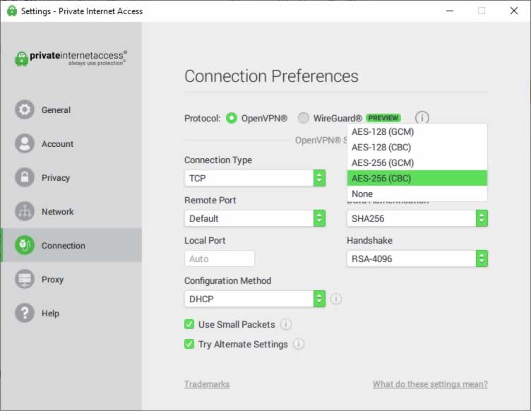 VPN settings screen showing VPN encryption options